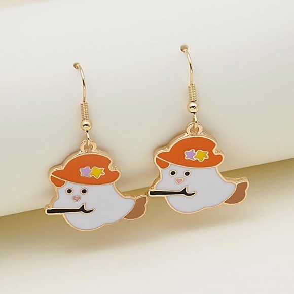 Gold Ghost On Broom Halloween Earrings - Picture 1 of 5